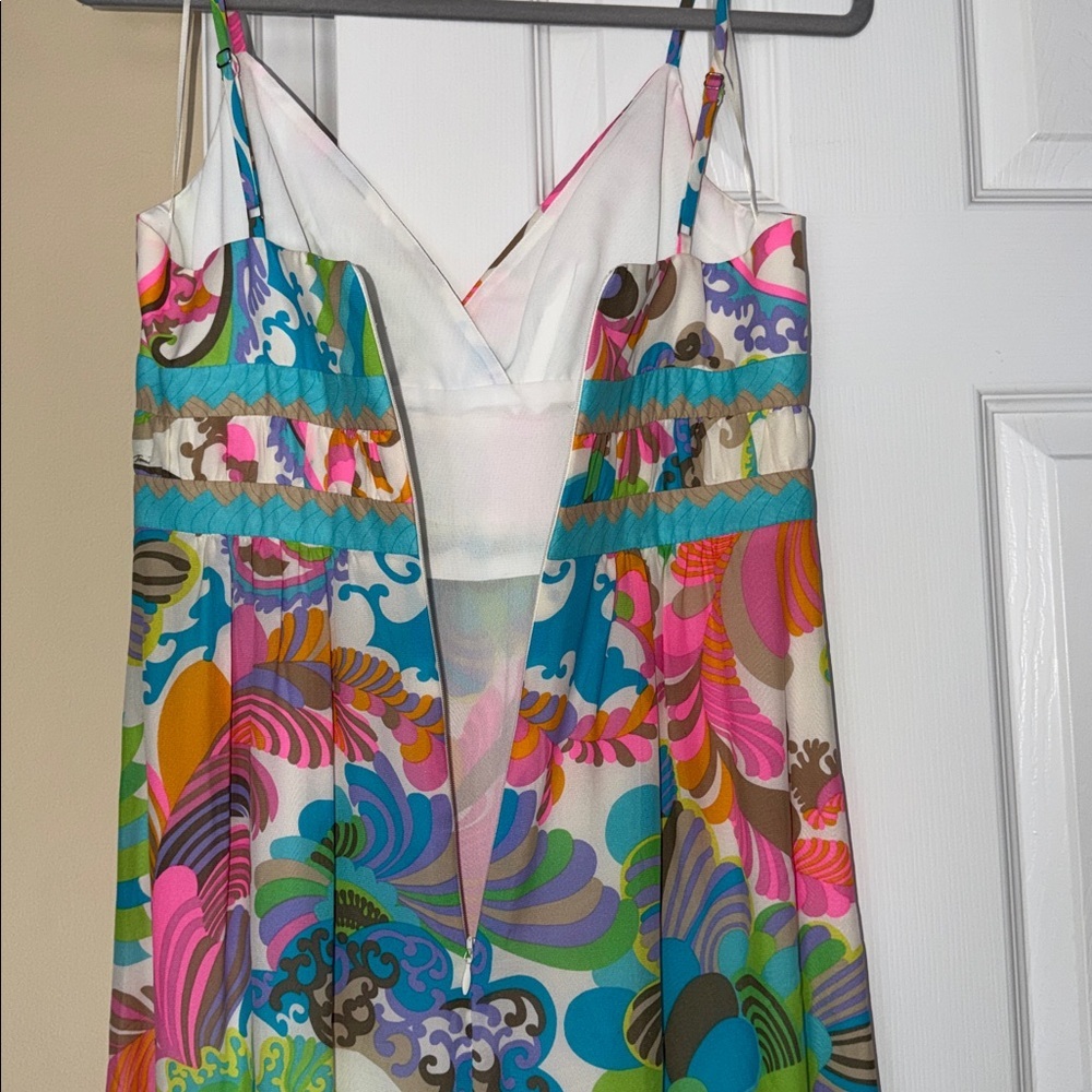 Trina Turk 100% Silk Colorful Maxi Dress Adjustable Spaghetti Straps Lined Flaw - Picture 11 of 17
